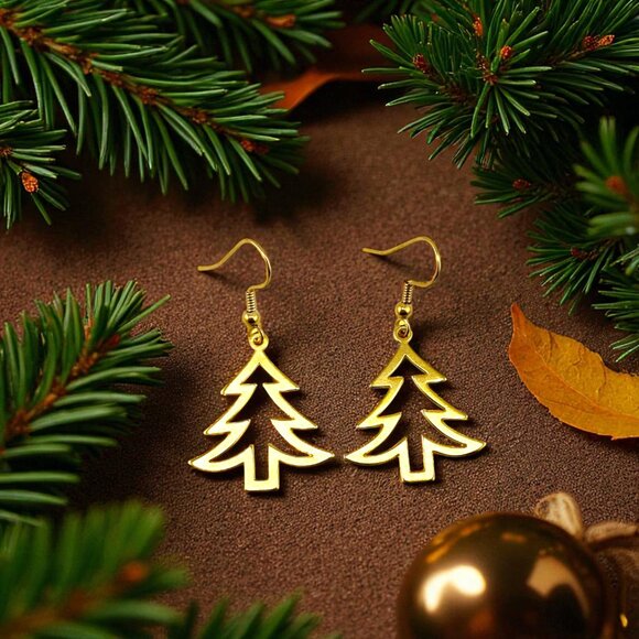 Christmas Tree Cut-out Earrings 24KT Gold Plated Pine Trees Gold Plated Hooks - Picture 1 of 10